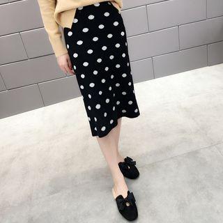 Polka Dot Back Slit Knit Midi Pencil Skirt