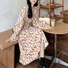 Long-sleeve Floral Print Midi A-line Dress Floral - Almond - One Size