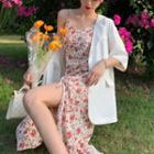 Elbow-sleeve Plain Blazer / Short-sleeve Flower Print Midi A-line Dress / Spaghetti Strap Midi A-line Dress