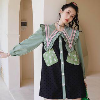 Long-sleeve Wide Collar Frill Trim Mini Dress