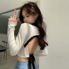 Long-sleeve Bow-back Crop T-shirt White - One Size