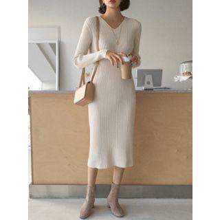 V-neck Ribbed Midi Knit Dress
