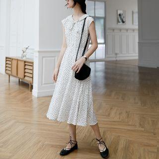 Cap-sleeve Dotted Midi A-line Dress White - M