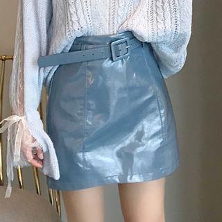 Belted Patent A-line Skirt