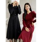 Puff-sleeve Midi Dress With Faux-pearl Belt