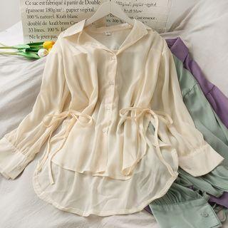 Dip-back Tie-waist Sheer Loose Shirt