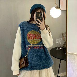 Mock Two Piece Shearling Panel Letter Printed Sweatshirt