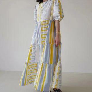 Puff-sleeve Paneled Geometric Print Midi A-line Dress