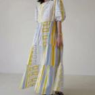 Puff-sleeve Paneled Geometric Print Midi A-line Dress