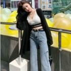 Lettering Crop Tank Top / Light Cardigan / Cutout Straight-cut Jeans