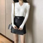 Cold Shoulder Knit Top / Faux Leather Pencil Skirt