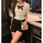Short-sleeve V-neck Bow Cropped Knit Top White - One Size