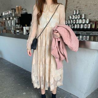 Long-sleeve Midi A-line Lace Dress / Cable Knit Cardigan
