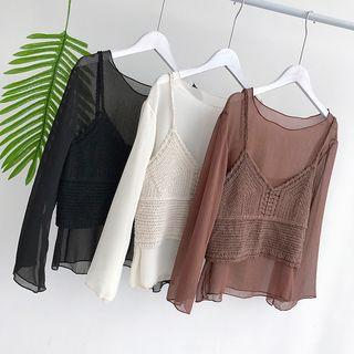 Set: Long-sleeve Top + Crochet Spaghetti Strap Top
