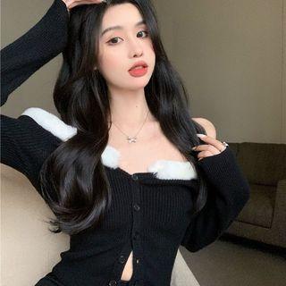 Long-sleeve Off-shoulder Fluffy Trim Crop Top Black - One Size