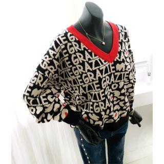 V-neck Patterned Knit Top Black - One Size