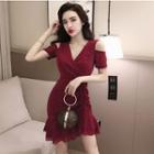 Glitter Cold-shoulder Short-sleeve Mini A-line Dress