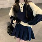 Two-tone Collared Sweater / Mini Pleated Skirt