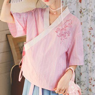 Embroidered Striped V-neck Shirt