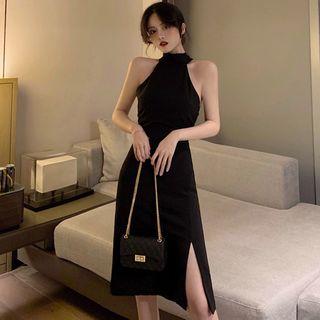 Halter Slit Sheath Dress Black - One Size