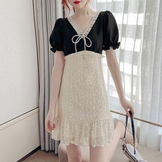 Mock Two-piece Puff-sleeve Ruffle Trim Sequined Dress