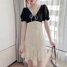 Mock Two-piece Puff-sleeve Ruffle Trim Sequined Dress