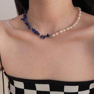 Freshwater Pearl Faux Gemstone Choker White Freshwater Pearl - Dark Blue - One Size