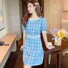 Short-sleeve Plaid Lace Trim Mini Sheath Dress