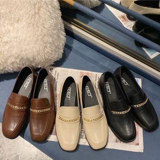 Faux Leather Chain Strap Square-toe Loafers