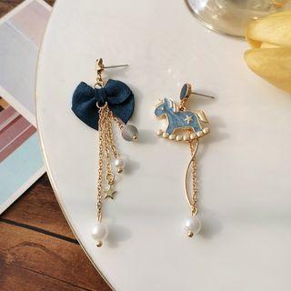 Unicorn Bow Faux Pearl Asymmetrical Fringed Earring