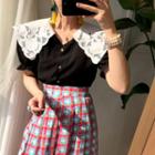 Short-sleeve Lace Panel Shirt / Plaid Midi Skirt