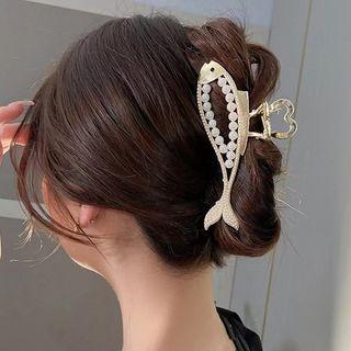 Faux Pearl Fish Hair Claw 1pc - Gold & White - One Size