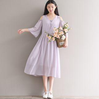 3/4-sleeve Shoulder Cut Out Chiffon Midi Dress