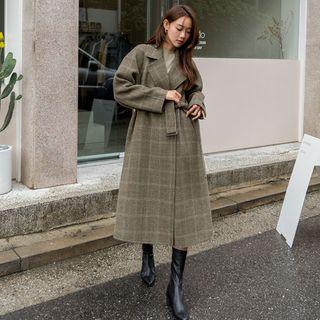 Handmade Loose-fit Plaid Long Coat With Belt Dark Brown - One Size