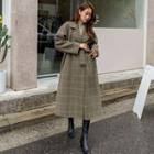 Handmade Loose-fit Plaid Long Coat With Belt Dark Brown - One Size