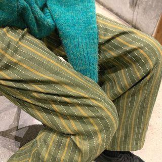 Plain Crew-neck Loose-fit Sweater / Striped Loose-fit Pants