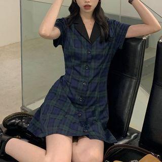 Short-sleeve Single Breasted Plaid Dress As Shown In Figure - One Size