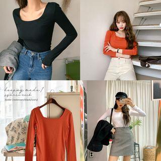 Square-neck Textured Slim T-shirt