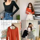 Square-neck Textured Slim T-shirt
