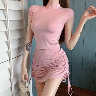 Short-sleeve High-neck Top / High-waist Drawstring Ruched Pencil Skirt