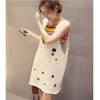 Set: Rainbow Striped Camisole Top + Eyelet Detail Pinafore Dress