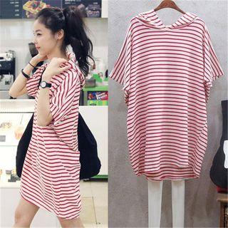 Batwing Short-sleeve Striped Hoodie Dress