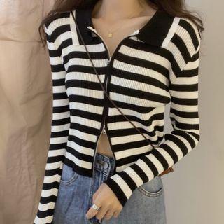 Striped Polo Collar Zip Top