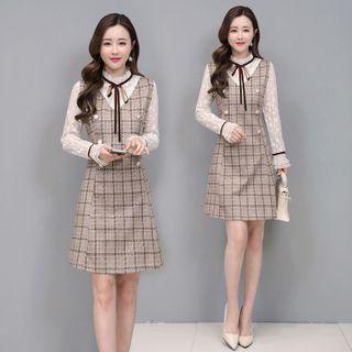 Long-sleeve Lace Plaid Panel Mini A-line Dress