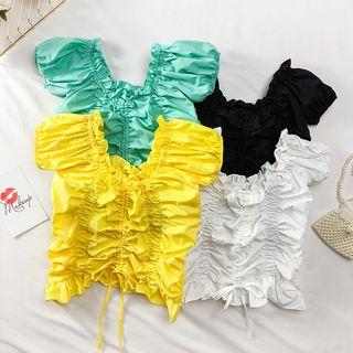 Boatneck Ruffled-trim Drawstring Crop Blouse