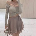 Set: Crop Knit Top + Camisole Top Set Of 2 - Top & Skirt - Beige & Pink - One Size