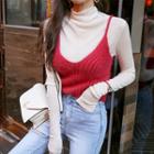 Spaghetti-strap Furry Rib-knit Top