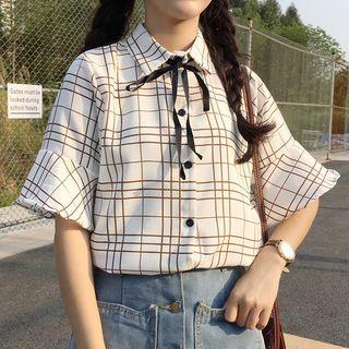 Plaid Bow Elbow-sleeve Blouse