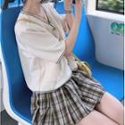 Short-sleeve Contrast Trim Knit Top / Plaid Mini Pleated Skirt