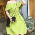 Off-shoulder Ruffle Trim Drawstring Waist Plain Dress Green - One Size